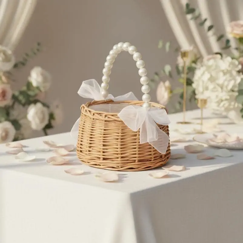 Rustic Flower Girl Basket with Pearl Handle | Wedding Ceremony Petal Basket | Boho Bridal Basket | Wicker Basket with Ribbon Bows