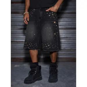 Men's Non-Stretch Nylon Denim Shorts - Loose-Fitting, Rhinestone-Embellished, Frayed Hem, Washed Black, Button-Closure, European Sizes, Spring Summer Streetwear Skateboarding Casual Wear, New Arrival tiktokshopspringglowup