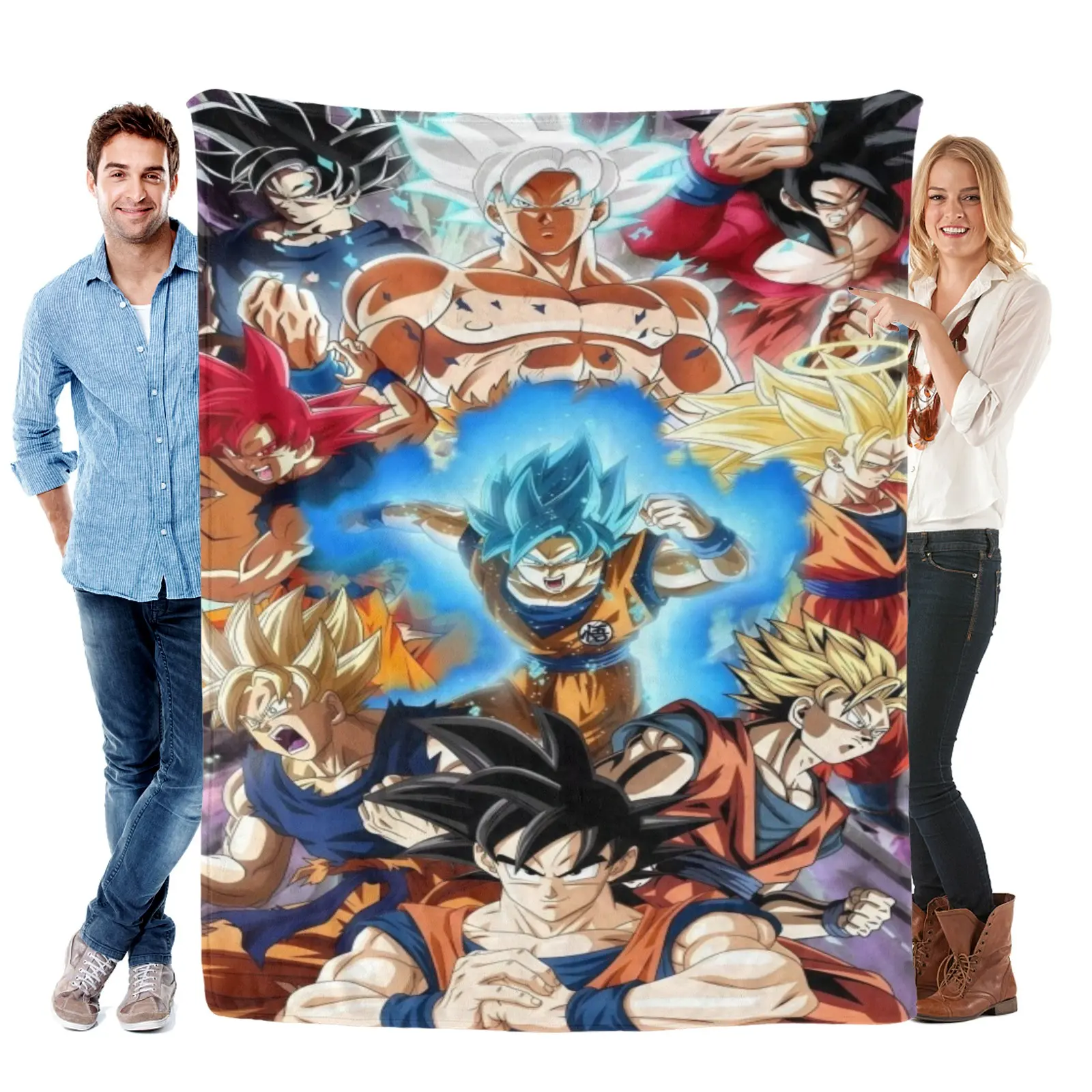Dragon Ball Goku All Forms Blanket, Every Goku Transformation Collage Flannel Blanket, Super Soft Cozy Warm Fabric, Matching Anime Bedding Set For Game Room