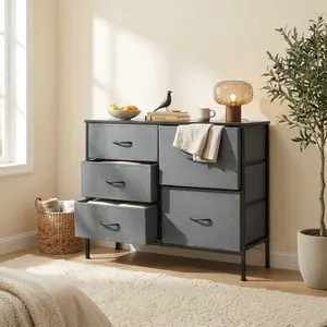 5-Drawer Fabric Dresser for Bedroom, Closet, Living Room, or Hallway, Wide Storage Chest with Non-Woven Fabric Bins, Wooden Top, Sturdy Metal Frame, Multi-Purpose Organizer for Clothes, Accessories, and Household Items#Summer Wins#Fathersdaygift, Dorm, 39