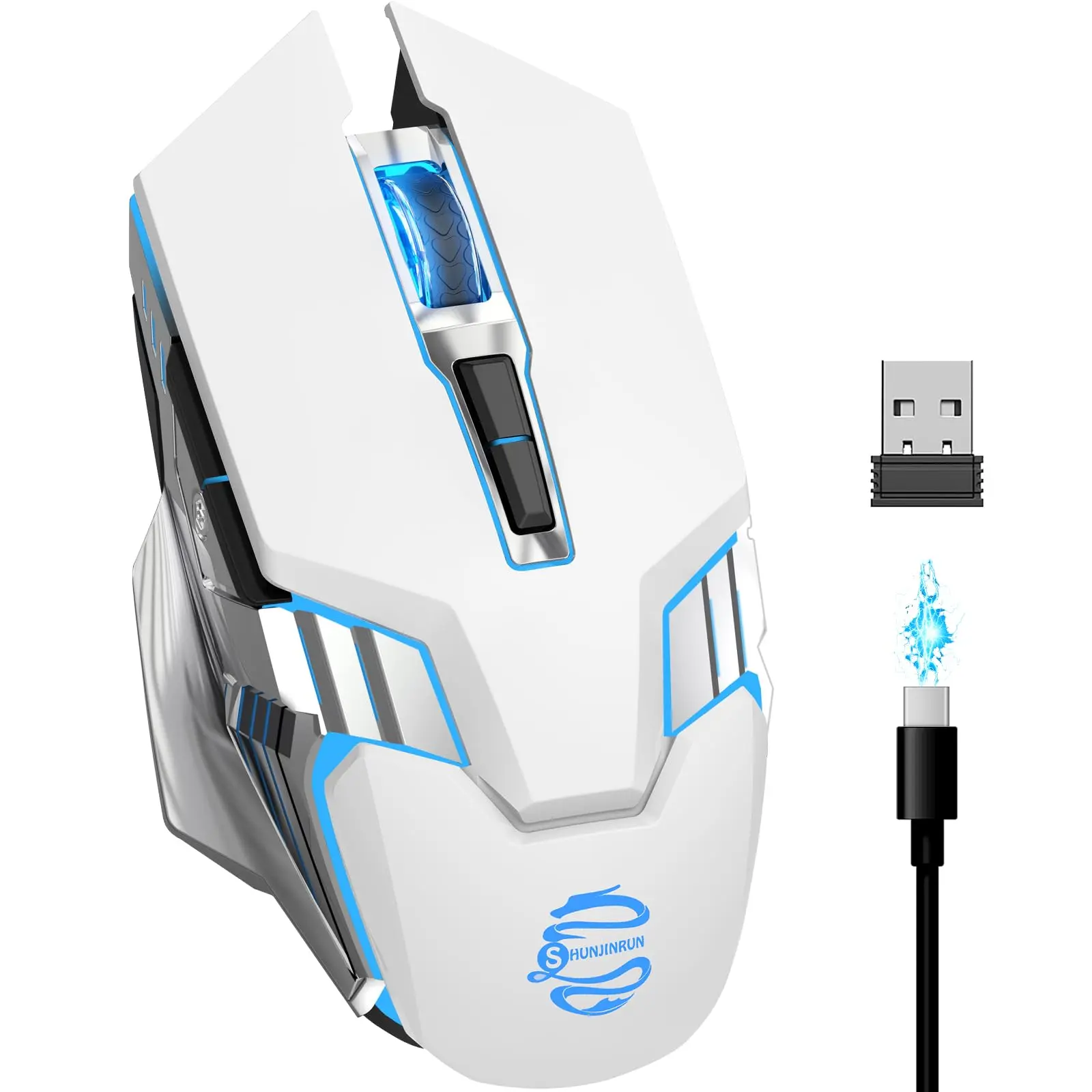 Wireless Gaming Mouse  Rgb Rechargeable Usb Quiet Click Led Backlit With Side Button Dpi Adjustable Computer Mice For Laptop Pc Macbook Chromebook - White