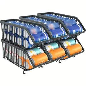 6 Pack Stackable Soda Can Organizer Fridge Storage Rack for Kitchen Cabinets Countertops Black Food Storage Dispenser