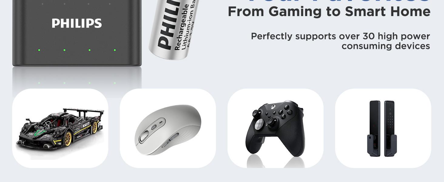 Philips 1.5V AA Lithium Rechargeable Batteries with Fast Charger 4 Pack - 3600mWh High Power Li-ion Double A Batteries Long Lasting for Xbox/Blink/Flashlights