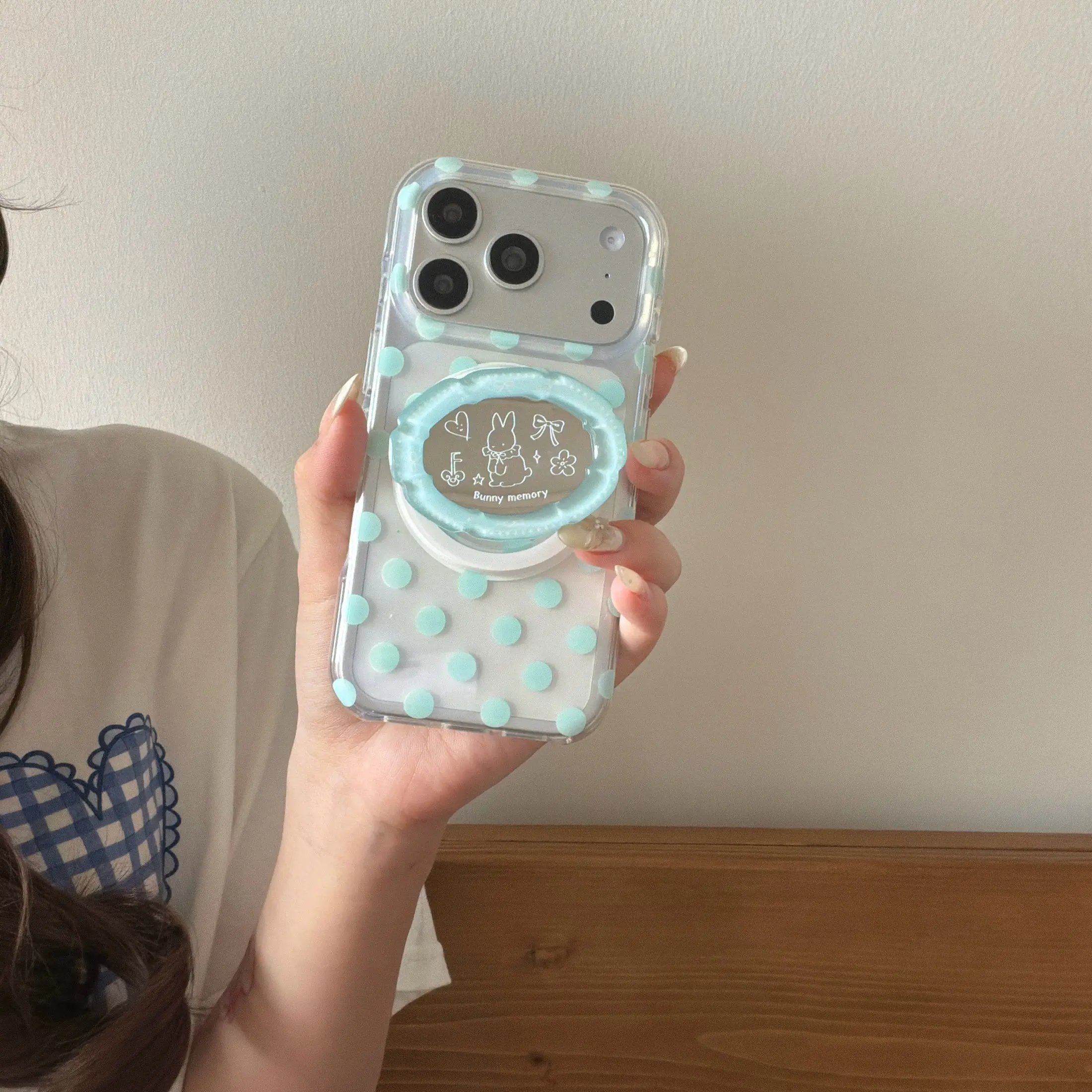 Peppermint Polka Dot Bunny Mirror Stand Phone Case for Apple iPhone 17 Pro Max, Creative and Fashionable Phone Case, Stylish Mobile Cover