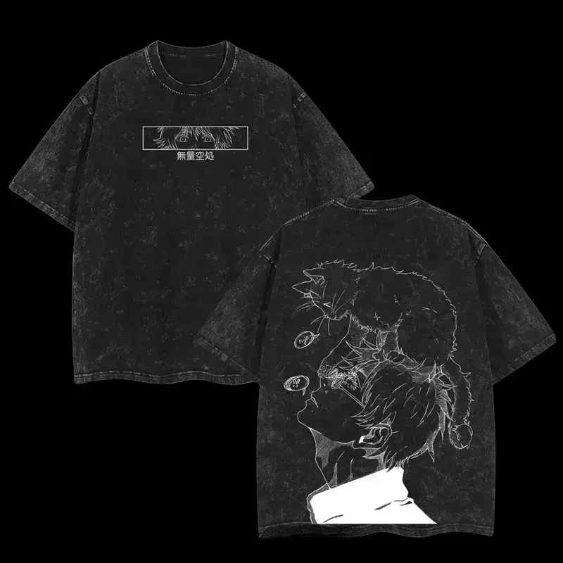 Jujutsu Kaisen Gojo Satoru & Cat Graphic Short-Sleeve Washed Cotton T-Shirt - Men's Top, Plus-Size Casual Women's Clothing