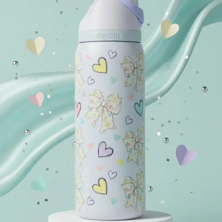 Owala FreeSip Insulated Stainless Steel Water Bottle, 24oz & 32oz, Pastel Bows and Hearts Pattern Edition, Leak-Proof Travel Tumbler with Built-in Straw, BPA-Free