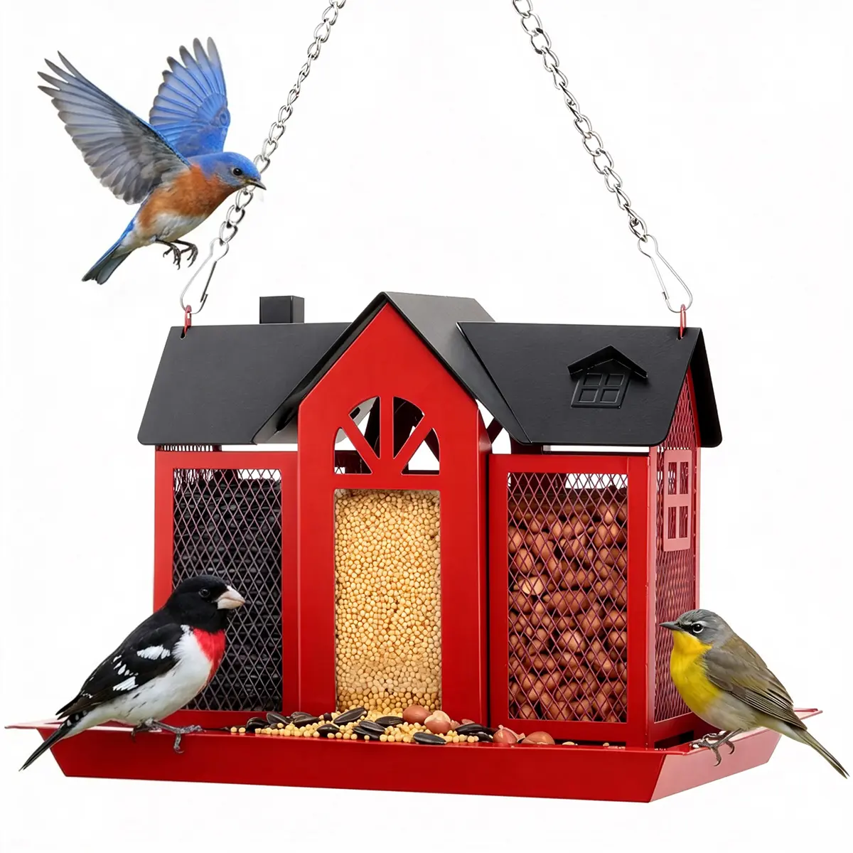PAWGIANT Hanging Metal Bird House feeder, Bird Feeder House for Outside, With Triple Feeders for Finch Cardinal Chickadee Large Capacity, Weatherproof and Durable, Garden Decor for Outside, Unique Gifts for Bird Lovers Mom Grandma, Red, Summervibes, DFYD