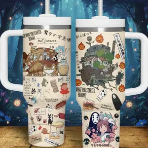 Studio Ghibli Inspired Tumbler – Ghibli Anime Forest Spirits Cup, No-Face & Totoro Design, Howl's Moving Castle Inspired Mug, Cute Aesthetic Anime Gift, Stainless Steel Travel Tumbler With Straw