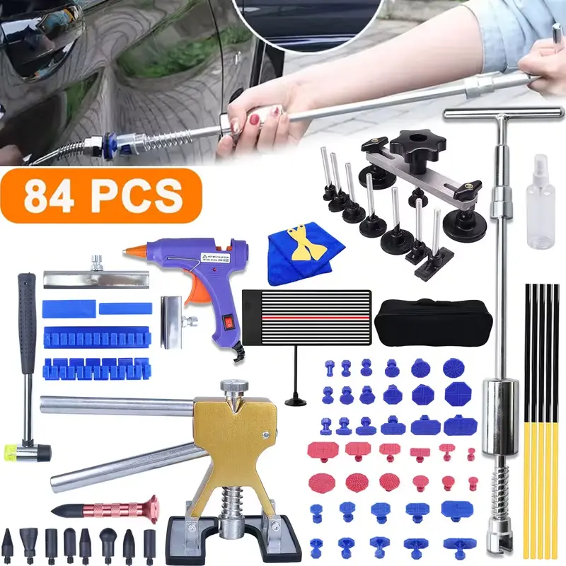 84pcs car dent repair tool set, including dent detector, bridge puller, sliding hammer, and elevator, and a complete set of dent repair tools, suitable for car hail repair manual tool set