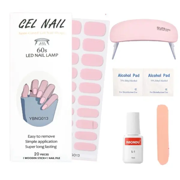 Gel Nail Strips Starter Kit with Full-Size Curing Lamp & Remover, Salon-Quality Semi-Cured Manicure in Cream Pink for Long-Lasting Nail Art, Manicures, Home Use, Nail Stickers, Includes Lamp
