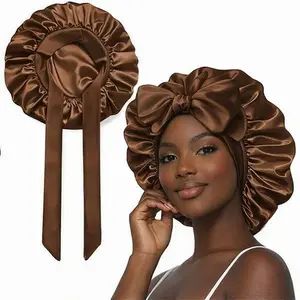 New Double Layer Satin Adjustable Bonnet with Tie Band forSleeping Satin Lined Silk Skin Friendly Bonnets for WomenNatural Curly Hair Ladies' Back to school Gift new color satinbonnet((Wine red)