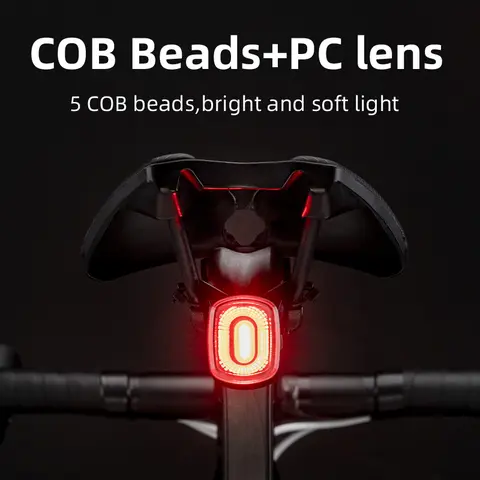 ROCKBROS Q4 Automatic Smart Braking LED Cycling Tail Light - Waterproof USB-Recharge ABS+PC Shell, Ultralight, 260mAh Battery, Dustproof, 5 Modes, Brake-Sense Alert, Seat Post/Bar Dual Mount, Ebike Accessories, Lights & Reflectors for Outdoor Riding