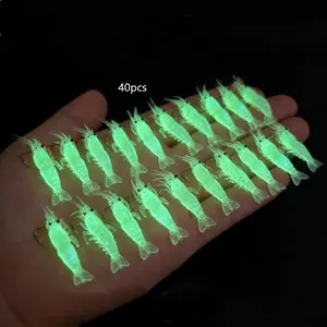 40Pcs Luminous Shrimp Lure, Soft Plastic Glow Bait with Hooks, Realistic Freshwater Saltwater Fishing Lures, Night Fishing Shrimp Jig, Ideal for Bass Trout Perch Walleye Redfish