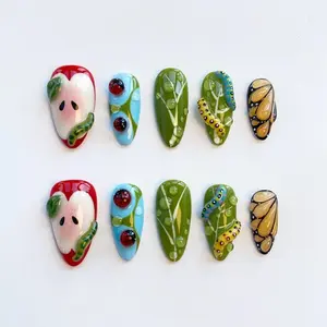 Summer Cute Apple Press On Nails Caterpillar 3D Gel Butterfly Ladybug Nails