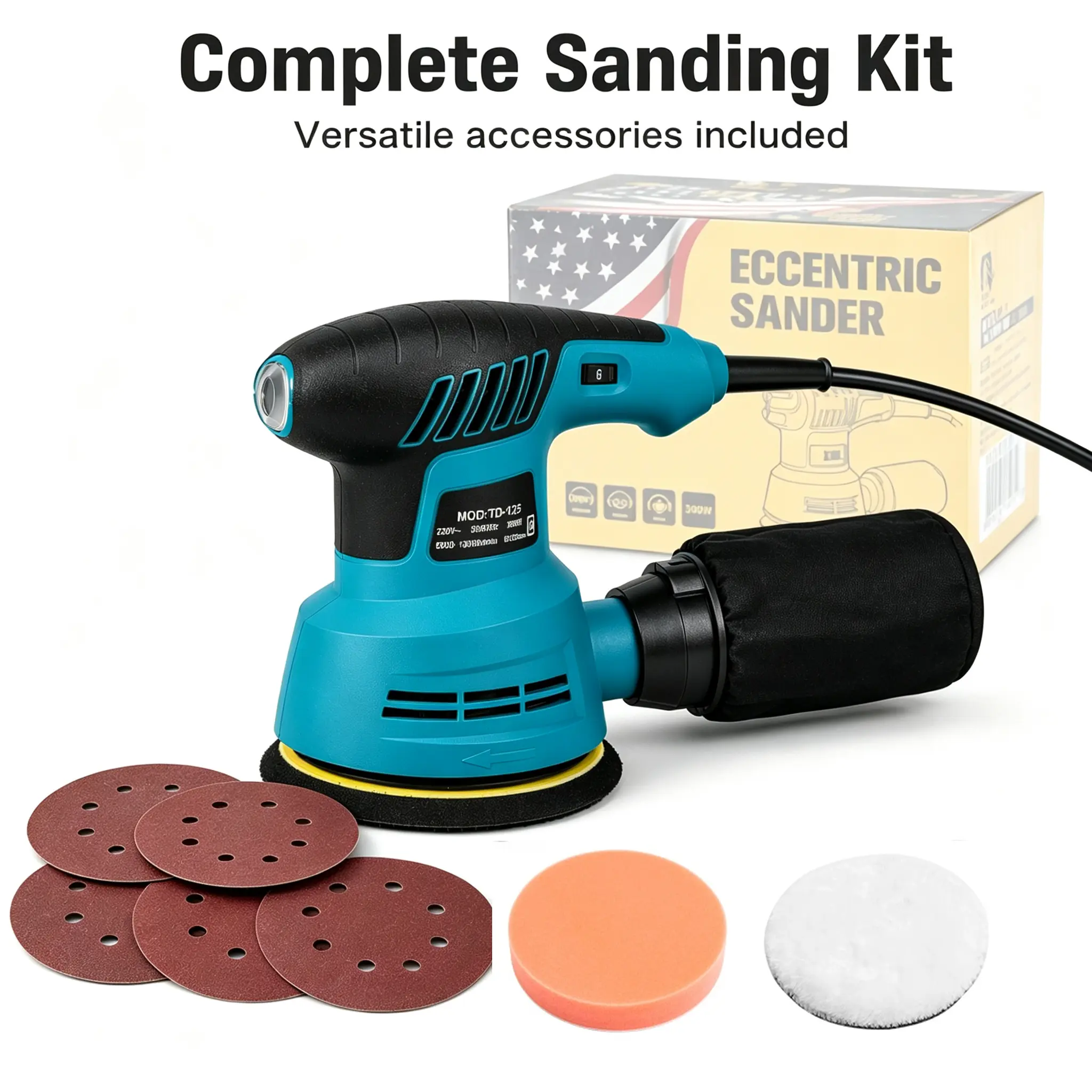 Electric Speed Control Sander - Power Grinding & Polishing Tool for Wood, Paint Walls, Woodworking Flat Surfaces, with 5 Sanding Sheets, 1 Foam Pad, 1 Wool Felt Pad & Accessories Set