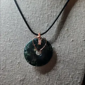 Moss Agate Wire Wrapped Pendant & Cord Necklace
