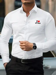 Men's Heart & Letter Print Button Front Shirt, Regular Fit Casual Long Sleeve Collared Top for Spring & Fall, Men's Clothes for Daily Wear, Menswear