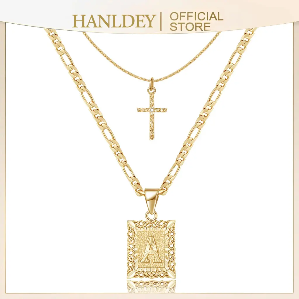 Gold Layered Initial Cross Necklace, 14K Gold Plated Layering Square Letter Pendant Figaro Chain Cross Choker from A-Z Capital Jewelry for Women Girls