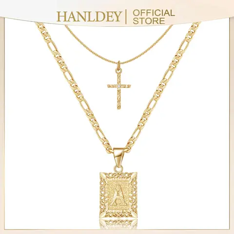 Women's 14K Gold Plated Initial Cross Necklace - A-Z Square Letter Pendant, Figaro Chain Choker, Layered Jewelry for Adults, Daily Wear, Female Gifts by Capital Jewelry, Women's Accessories