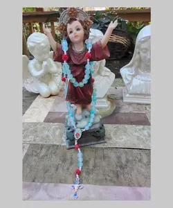 Pale Blue, Green, and Purple Variegated 8mm Glass Bead Rosary, Rose Our Father Beads, with Gold Infant Jesus of Prague Medal and Blue and Gold Cross