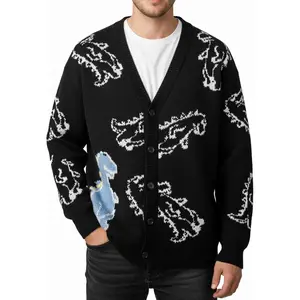 Men’s V-Neck Cardigan Sweater – Dinosaur Pattern, Button-Up Front, Soft Warm Knit for Fall/Winter, Casual Office Wear