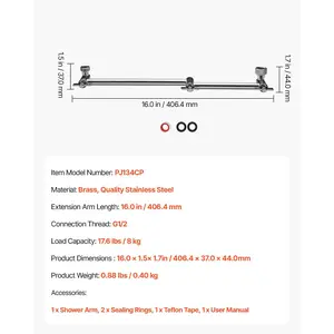 VEVOR Shower Head Extension Arm, 16 inches, Brass Shower Arm Extender with Flexible Adjustable Angle Height, Chrome Finish, G1/2 Universal Thread Connector Compatible, for Rain Handheld Showerhead