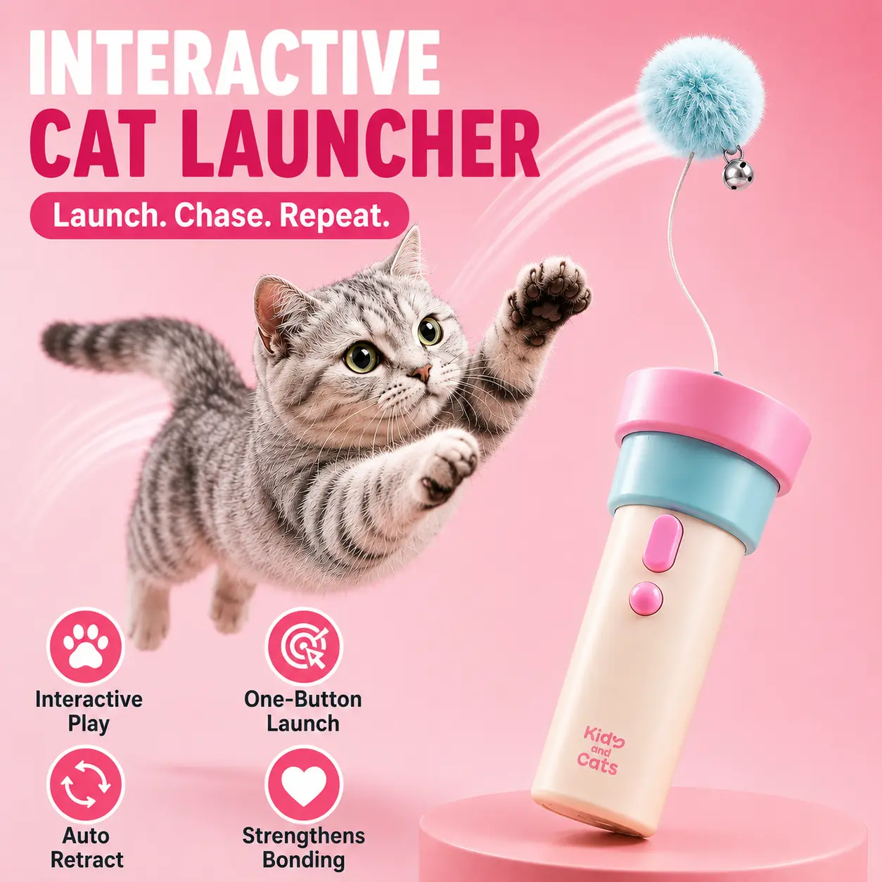 Automatic Cat Teaser Launcher - Electric Wand Toy with Auto-Retractable Plush Ball, Retractable Rope, Easy Handheld Use - Interactive Indoor Pet Toy for Exercise, Enrichment, Outdoor Play, Pouncing, Interactive Bonding, Stimulates Hunting Instincts