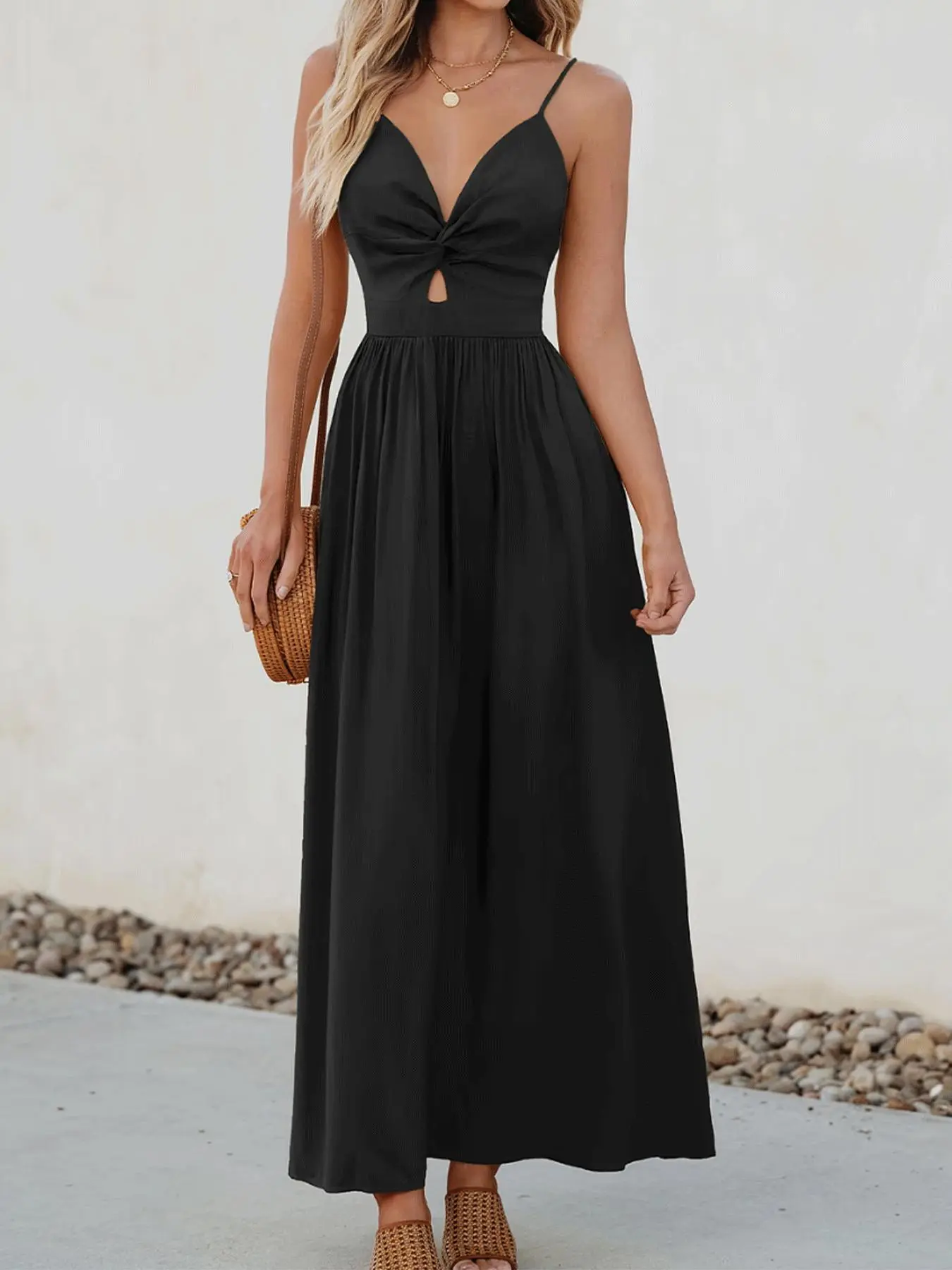 Women's Solid Color Sleeveless Spaghetti Strap Backless Tie Back Jumpsuit, Minimalist Elegant Formal Party Jumpsuit for Cocktail Party, Ladies Clothes for Summer