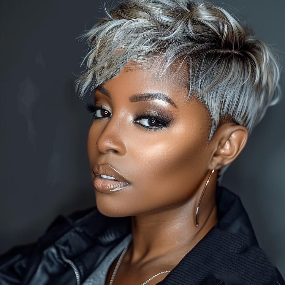 "Women's Chic Pixie Cut Human Hair Wig Ash Grey Balayage Glueless 150% Density Brazilian Remy Hair Layered Bangs Natural Fullness For Daily & Special Events "	