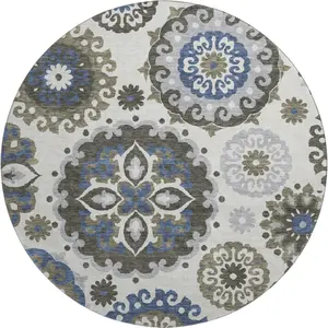 HomeRoots 664053 8 ft. Pewter Blue & Gray Medallion Cozy Decorated Blue-Grey Circle Large-Format Washable Round Area Rug with UV Protection, Blue-Grey Area Rugs, Circle Area Rugs