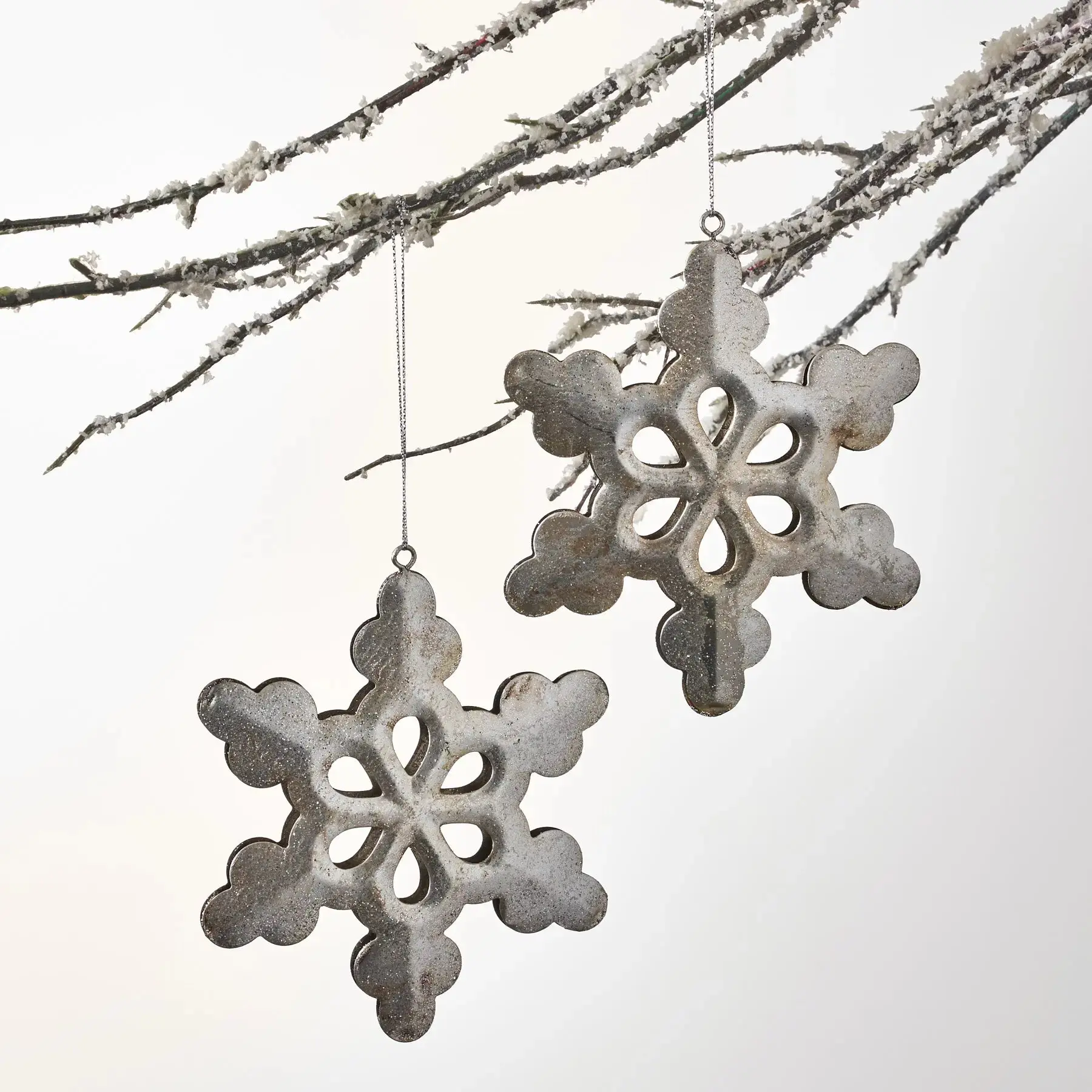 Artistic Imported Galvanized Metal Silver Glitter 4.75x5.5" Snowflake Christmas Tree Ornaments, Hanging with 3" Silver Twine Loop - 2-Piece Set for Winter Festive Home Supplies Decorations