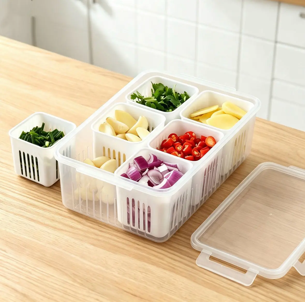 6-in-1 Divided Kitchen Food Storage Box with Drain Basket & Lid - Airtight Leak-Proof, Compact Stackable Fridge Organizer Bin for Meal Prep, Reusable, Maintains Freshness