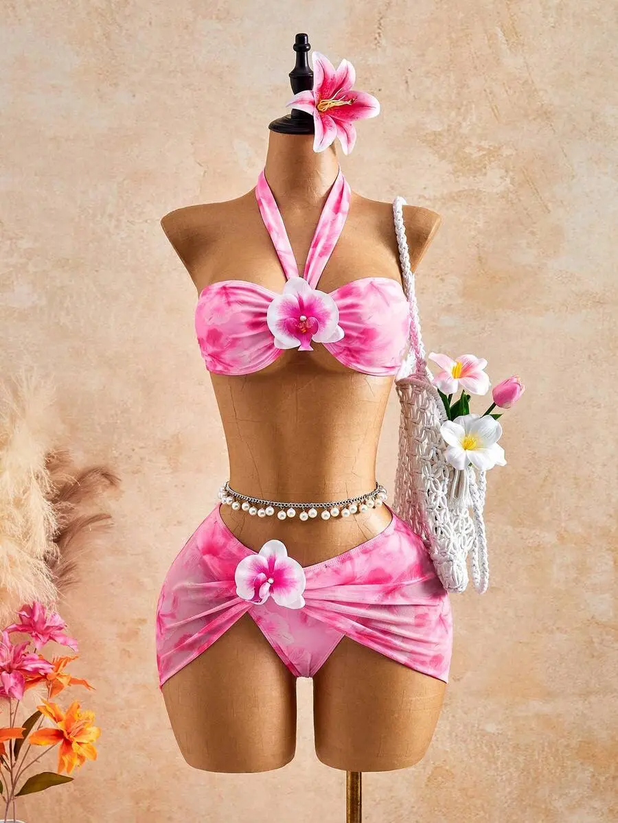 DAMIKA Beach Outfit Yellow Tie-Dye Floral, 3-Piece Set Includes 3D Floral Decor Strapless Bandeau Crop Top And Super Mini Skirt, Fashionable Casual Resort Chic Sexy Swimwear