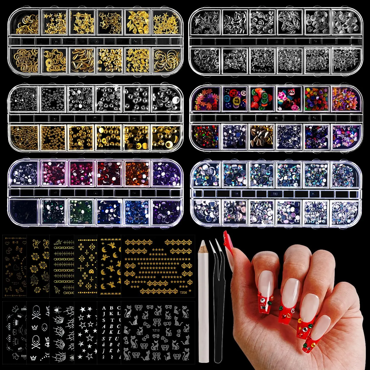 JODSONE Nail Charms,Nail Rhinestones Kit with 6 Boxes of Rhinestones,12 Nail Stickers in 2 Colors Multi Shape Pearls Jewels Crystals with Nails Art Tools