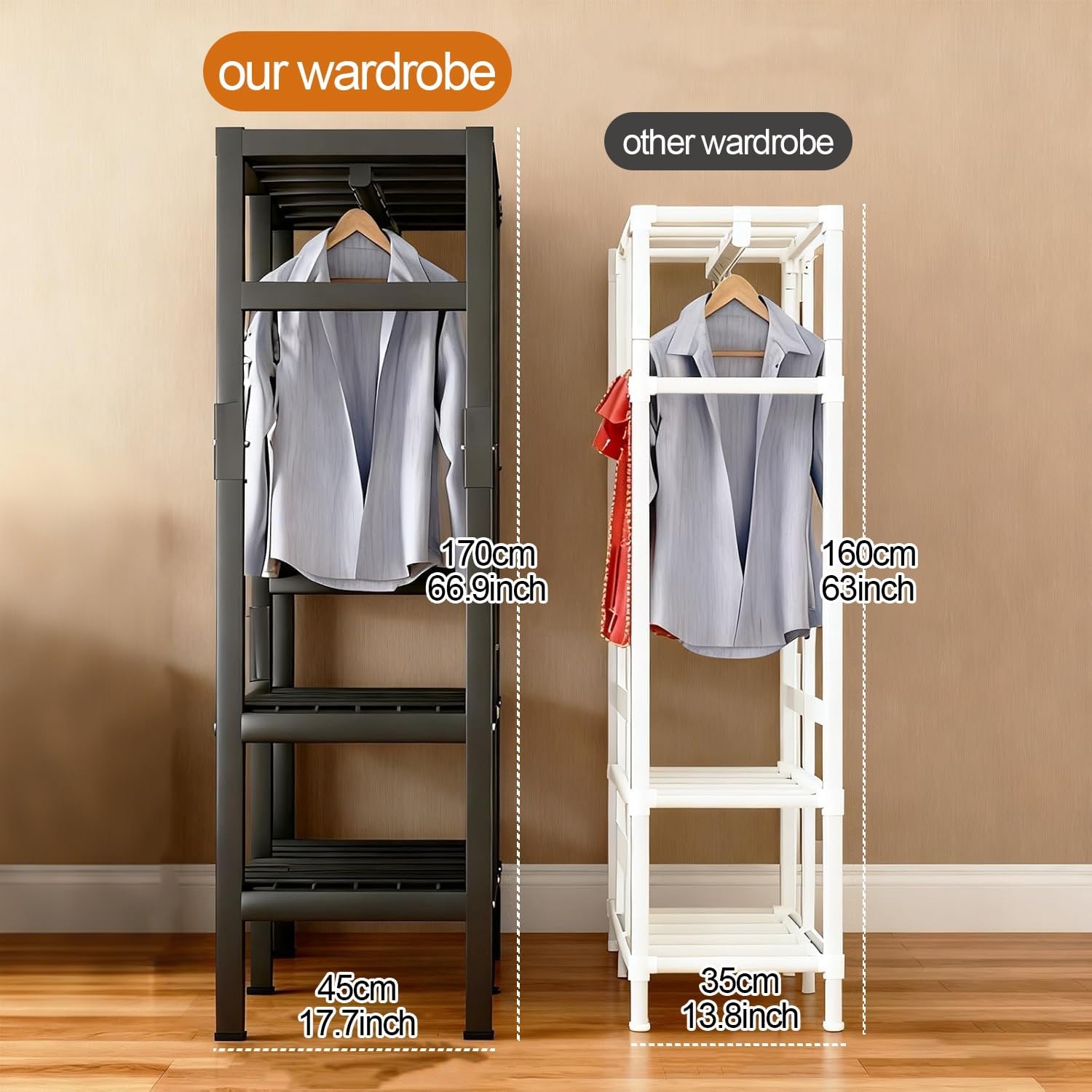 Easy Setup Foldable Portable Closet Wardrobe Gray Non-Woven 150cm Length with 22mm Black Steel Pipe, Large Capacity Sturdy Storage for Bedroom & Dorm