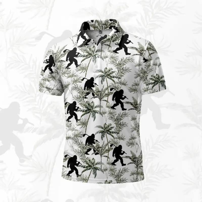 Tropical Bigfoot Golf Polo Shirt for Men – Funny Sasquatch Golfer & Leaf Print, Breathable Short Sleeve Collared Shirt, Perfect Gift for Dad, Birthday, Father’s Day, Golf Outing, BBQ & Vacation