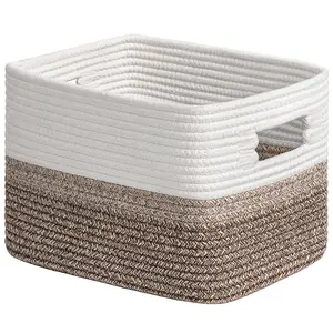 [New Deal] Storage Basket, Woven Basket for Baby Toys, Baskets for Organizing, Rectangle Basket with Handles, Rope Baskets for Shelves, Bathroom Organiser White Brown