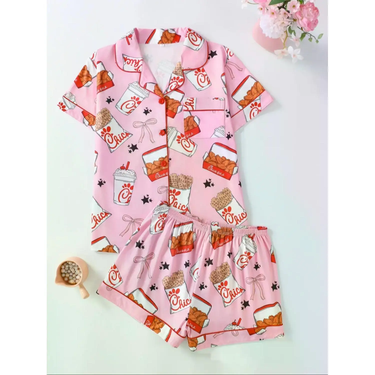 Women's Elegant Pajama Set - Short Sleeve Top & Comfortable Loose Shorts, All-Season Sleepwear for Ladies, Casual Summer Sleepwear