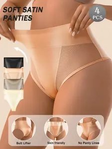 QUASTI High Waist Shapewear Panties for Women 4 Pcs, Tummy Control Compression Seamless Underwear, Soft Satin Elegant No Show Briefs, Butt Lifting Stretch Panties, Comfortable Breathable Body Shaper for Daily Wear, Workout, Postpartum S-XXL Smooth