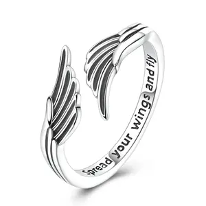 NARMO 925 Sterling Silver Angel Wing Ring – Adjustable Feather Guardian Angel Jewelry with "Spread Your Wings and Fly" Engraving, Inspirational Memorial Graduation Gifts for Women & Teen Girls