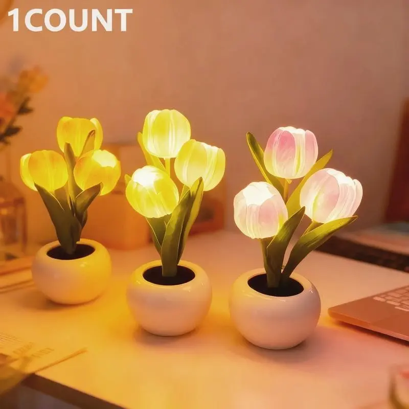 Tulip LED Night Light with Vase, Simulated Tulip Table Lamp, Home and Living Room Decor, Led Decoration, Ambiance Lighting, Christmas Gift