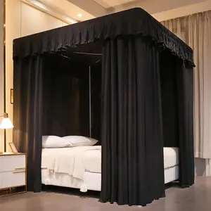 Elastic Roof Style Four Corner Post Bed Curtains Cozy Breathable Tent Net for Girls & Adults Bedroom Decoration (Black,59-64" W*82" L*82"*H/(Queen))