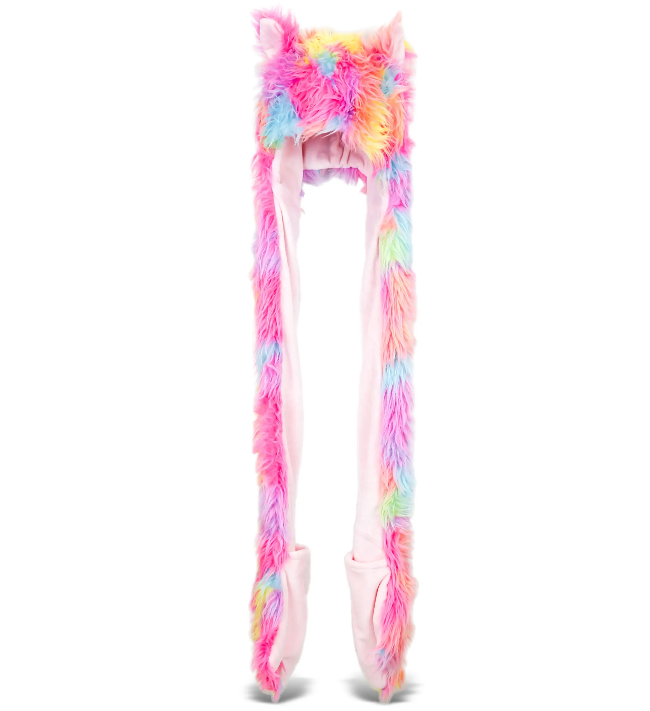 Unisex 3-Piece Thick Fleece Fluffy Stuffed Comfy Polyester Fashion Accessory Set - 37in Funny Hat, Rainbow Animal Pattern Scarf, Long Ear Mittens, Hand Warmers for Halloween Costume Cosplay, Daily Wear, Outdoor, One Size