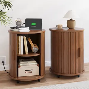 【CategorySelect】ONBRILL Round End Table with Charging Station, Mid Century Bedside Table with Sliding Door & 2 Tier Storage, Mid-Century Modern Nightstand, LivingRoom Furniture, Bedroom Furniture