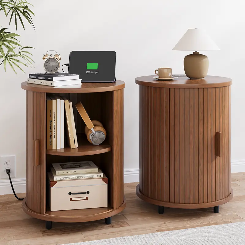 【Black Friday】ONBRILL Round End Table with Charging Station, Mid Century Bedside Table with Sliding Door & 2 Tier Storage, Mid-Century Modern Nightstand, LivingRoom Furniture, Bedroom Furniture FallDealsForYou