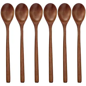 Wooden Spoons, 6 Pieces 9 Inch Wood Soup Spoons for Eating Mixing Stirring, Long Handle Spoon with Japanese Style Kitchen Utensil, ADLORYEA Eco Friendly Table Spoon adloryea