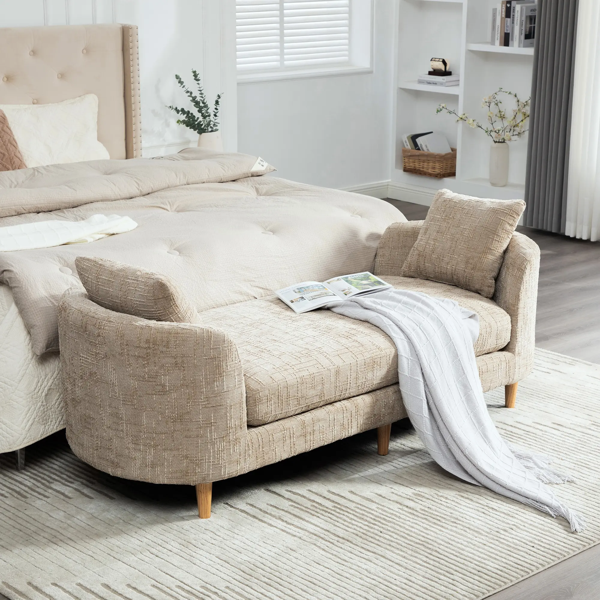 77.17" Wide Modern Upholstered End-of-Bed Bench with Armrests - Chenille Chaise Lounge with 2 Pillows, Rubberwood Legs for Living Room, Bedroom (Wheat, Beige, Orange)