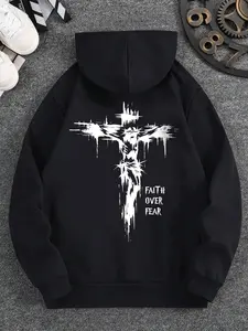 Streetwear Essential Men's Zip Up Hooded Sweatshirt Showcasing the Powerful Christ on Cross Motif with Bold Dripping Details and Empowering FAITH OVER FEAR Lettering Ideal for Casual Confidence