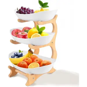 3 Tier Fruit Bowl for Kitchen Countertop, Plastic Fruit Basket Rack with Bamboo Wood Stand for Tiered Vegetable Storage Tray, Salad Cake Snack Dessert Party (White)
