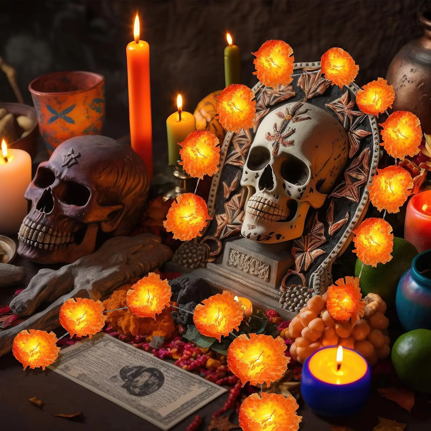 Autumn Halloween Wreath String Lights Led Lighting, 3m 20 Leds & 6m 40 Leds, Battery Powered Indian Garland Decorations for Dia De Los Muertos Party, Day Of The Dead Decorations